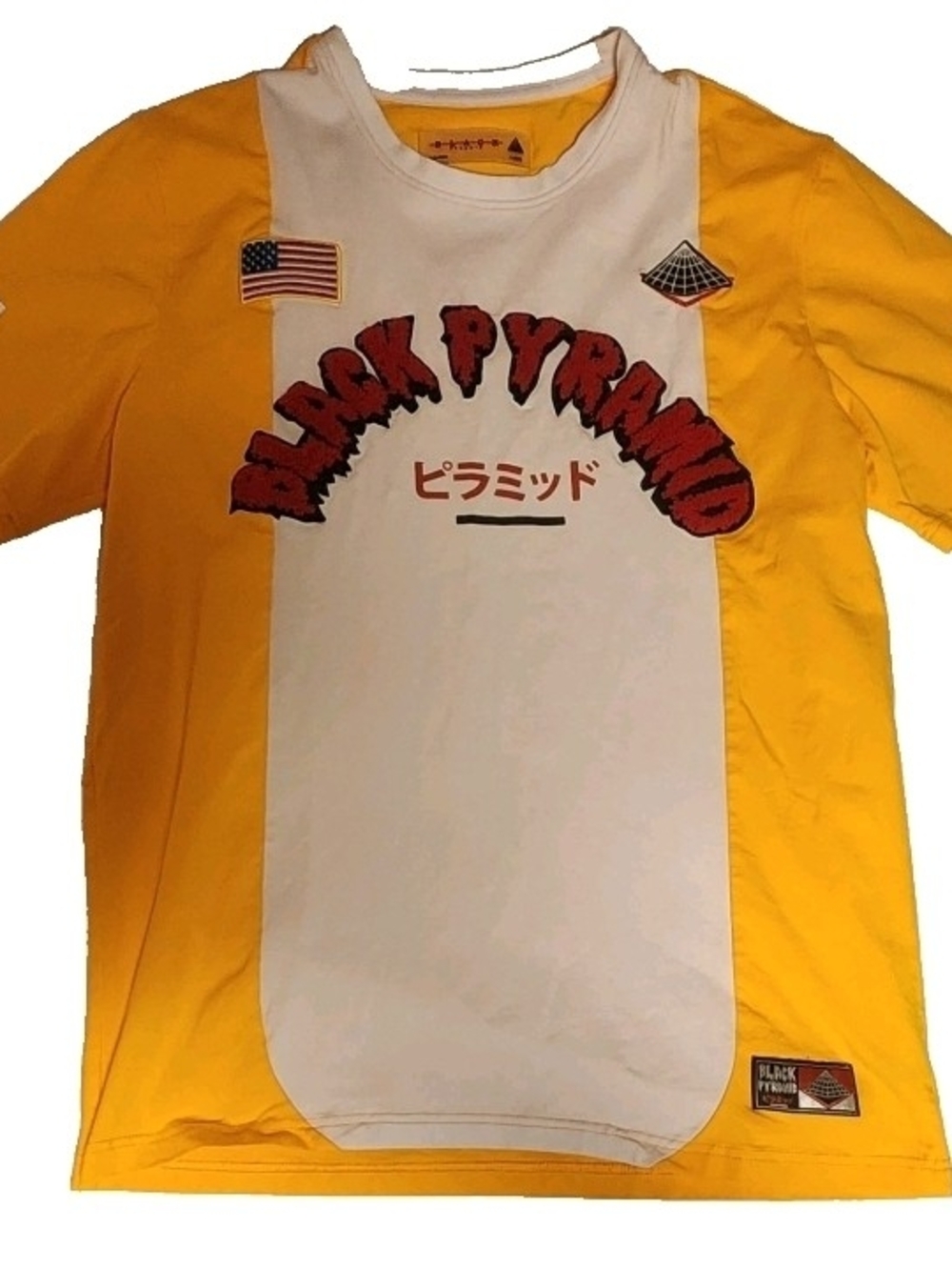Black Pyramid Chris Brown Jersey T-Shirt Yellow White Japanese Patch Men's Large